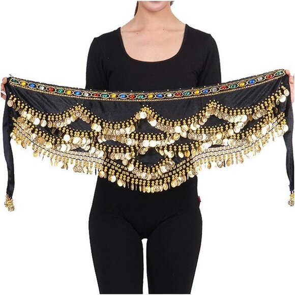 Women's Black Triangular Belly Dancing Hip Scarf Wrap Skirt with Gold Coins - Picture 1 of 4